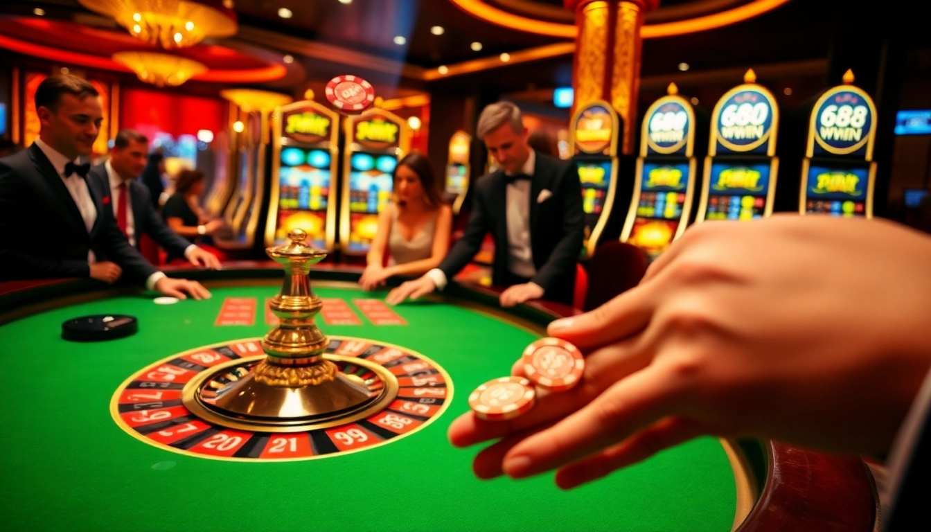 Players enjoying high-stakes roulette at 68WIN's glamorous casino atmosphere.