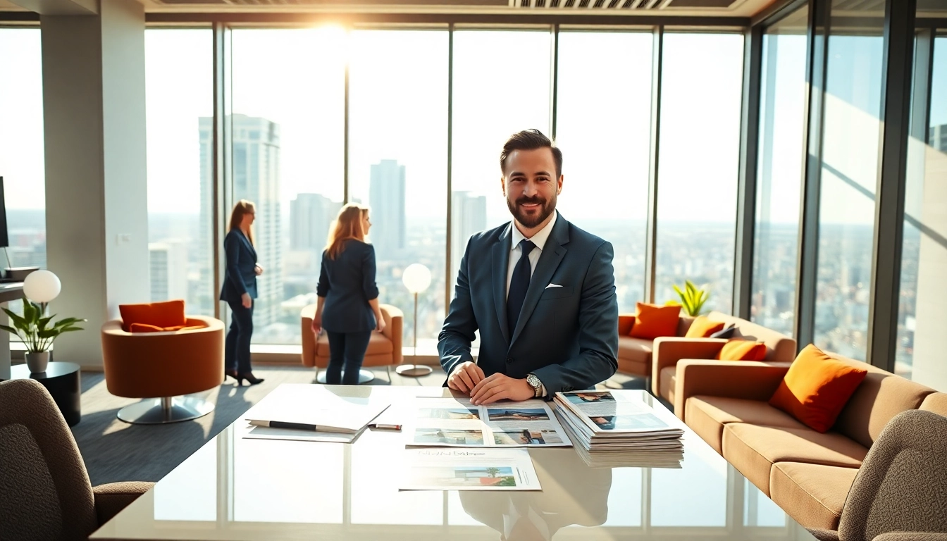 Immobilienmakler Frankfurt Dornbusch berät Kunden in modernem Büro mit Stadtblick.