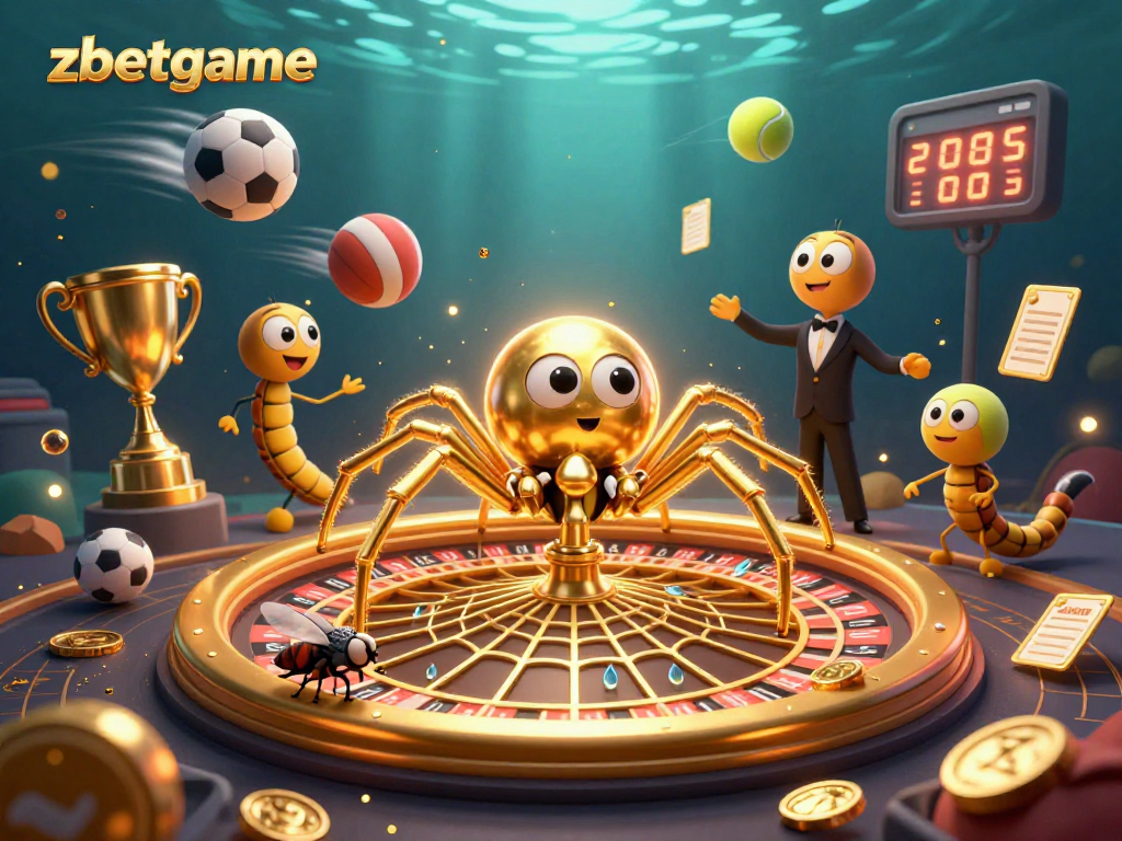 Join the excitement at zbetgame with a dynamic illustration showcasing a spider, fly, and centipede in a casino atmosphere.