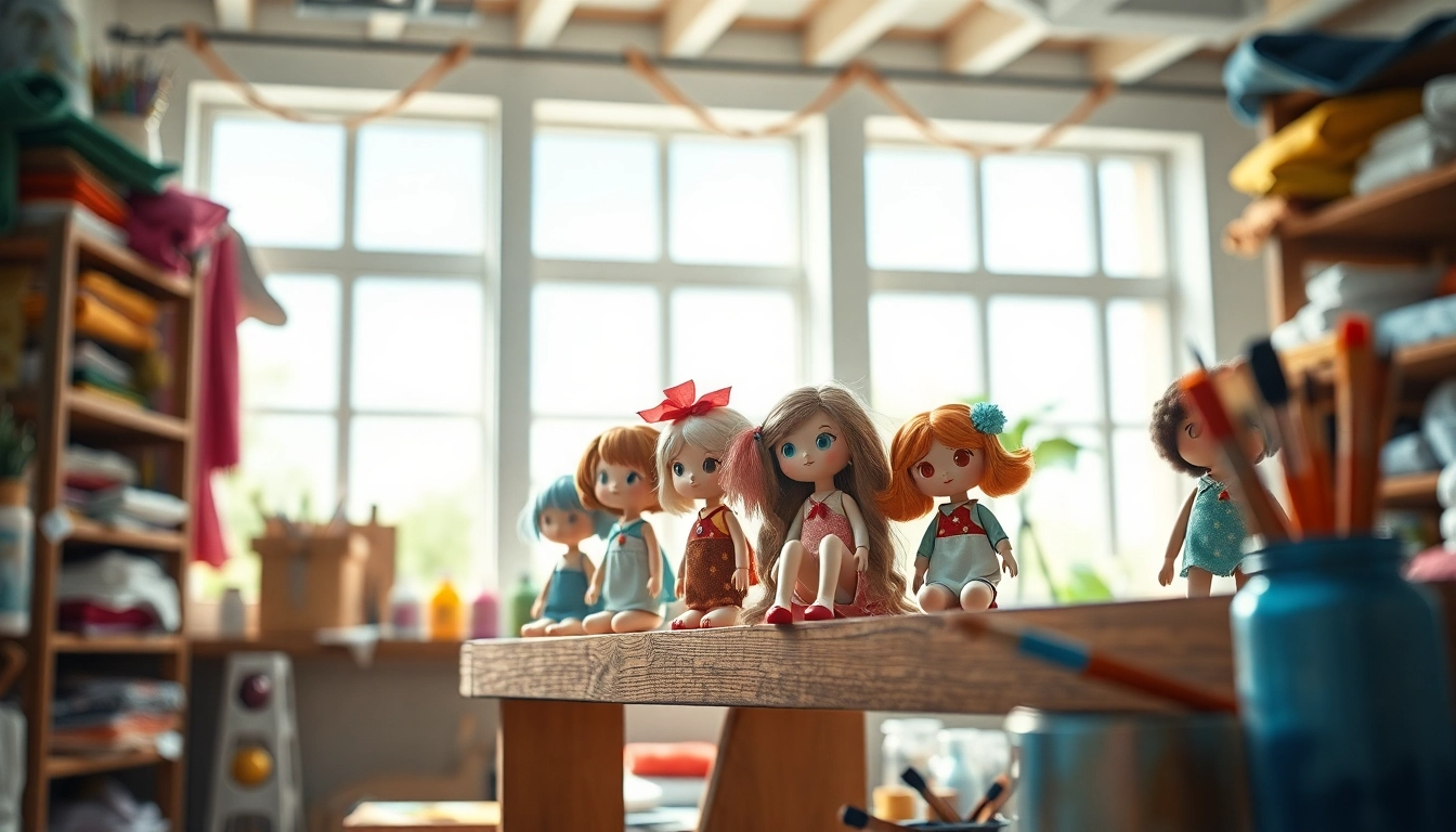 Gestalte einzigartige Gutdolls in einem hellen Atelier, umgeben von kreativen Materialien.