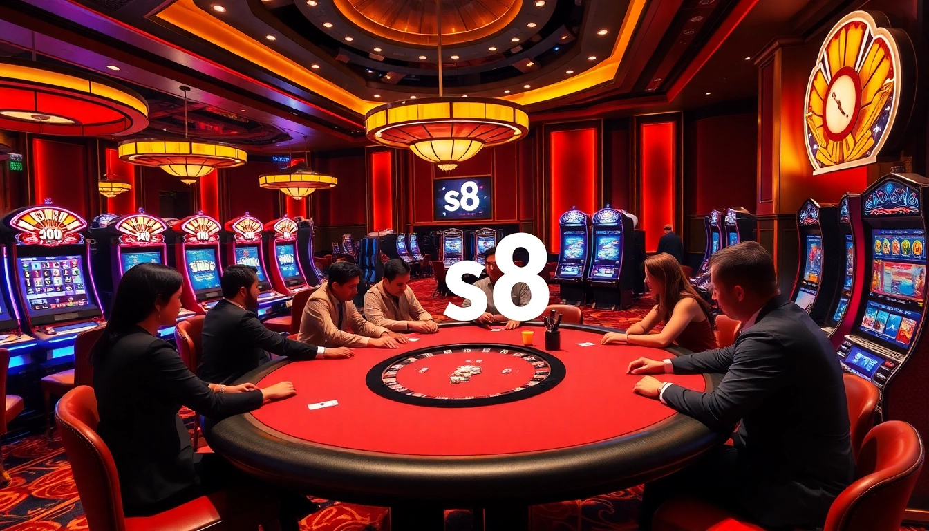 Experience the excitement of casino games at S8, engaging with vibrant poker tables and slot machines.