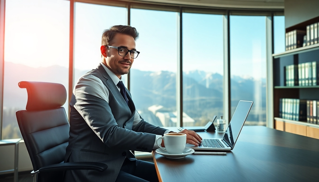 Headhunter Schweiz arbeitet in modernem Büro mit Alpenblick