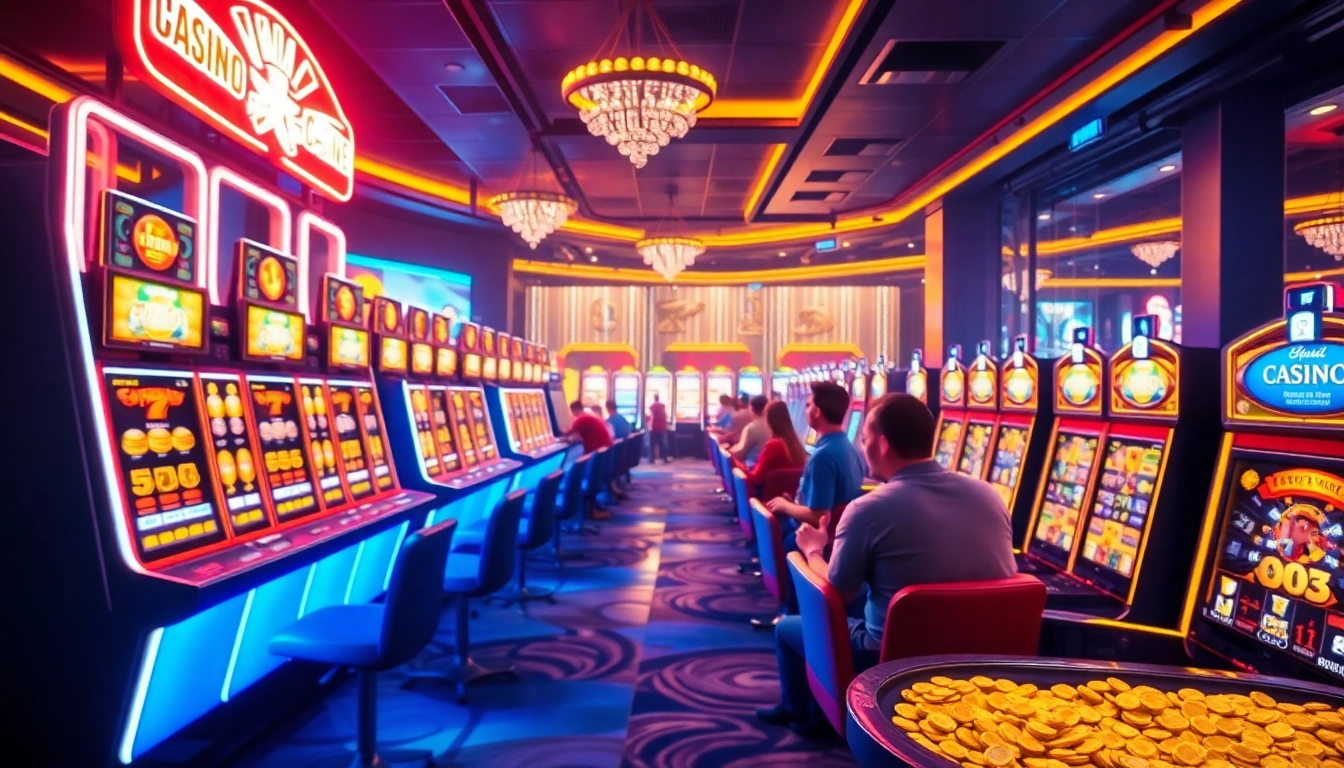 Casino ohne Limit: Spieler genießen Spannung in einem modernen Online-Casino ohne Einschränkungen mit leuchtenden Spielautomaten.
