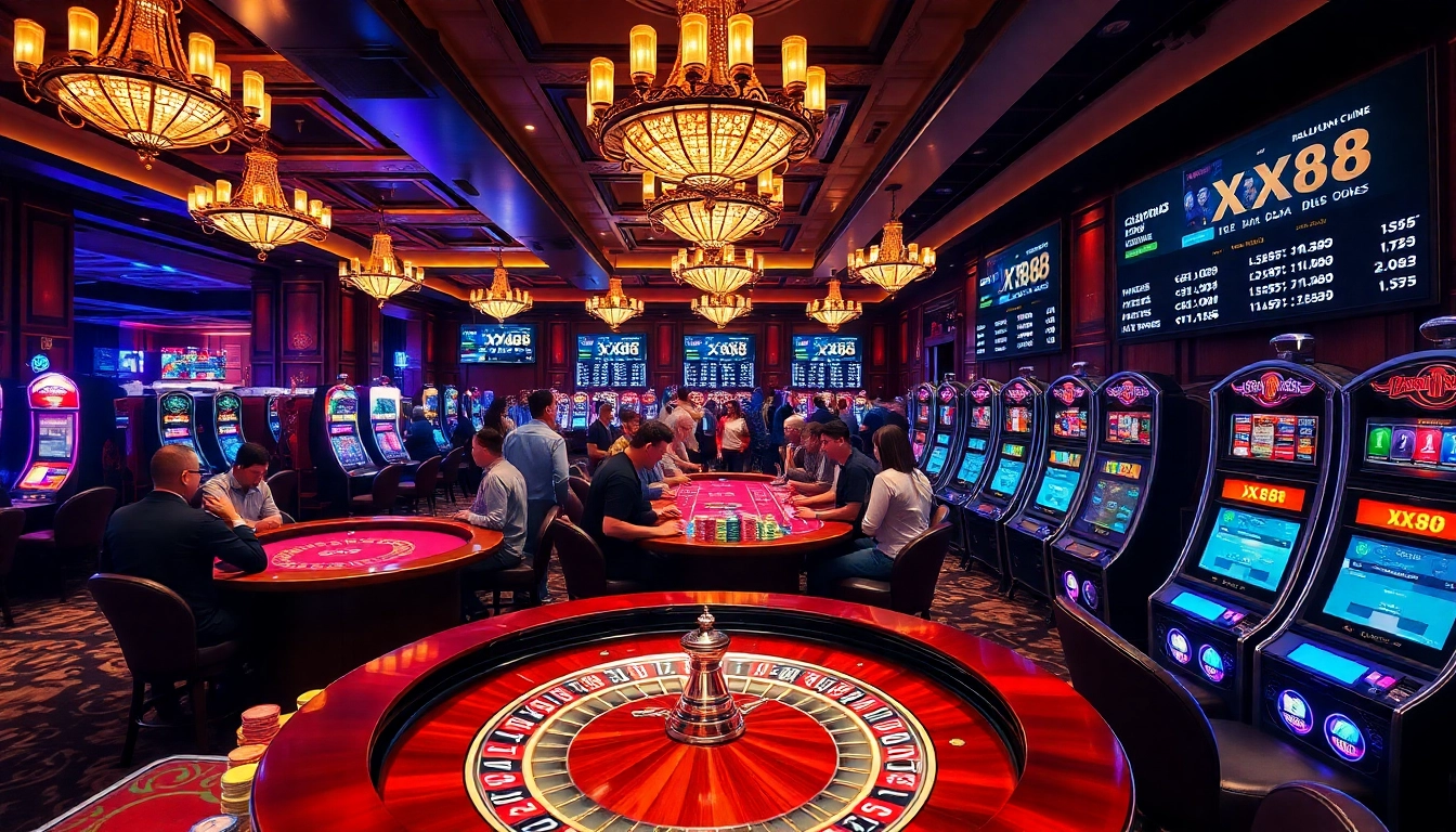 Players enjoying a thrilling gambling experience at XX88, showcasing roulette, poker, and slot machines.