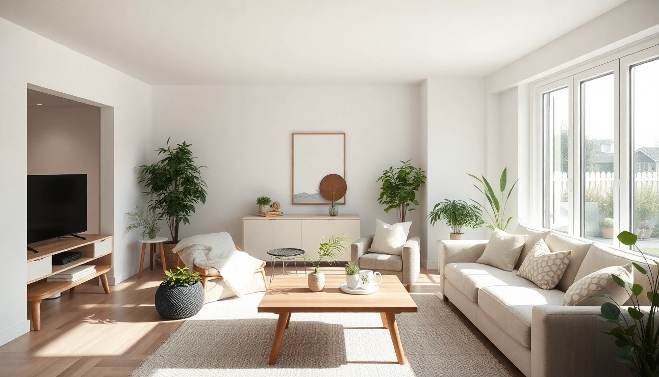 Gemütliches, modernes Wohnzimmer, das den Hauskauf traumhaft darstellt.