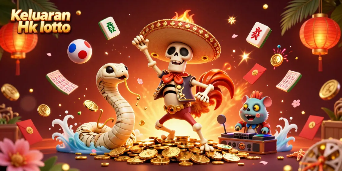 Keluaran Hk Lotto showcases a lively 3D illustration with a festive skeleton rooster and vibrant game elements.