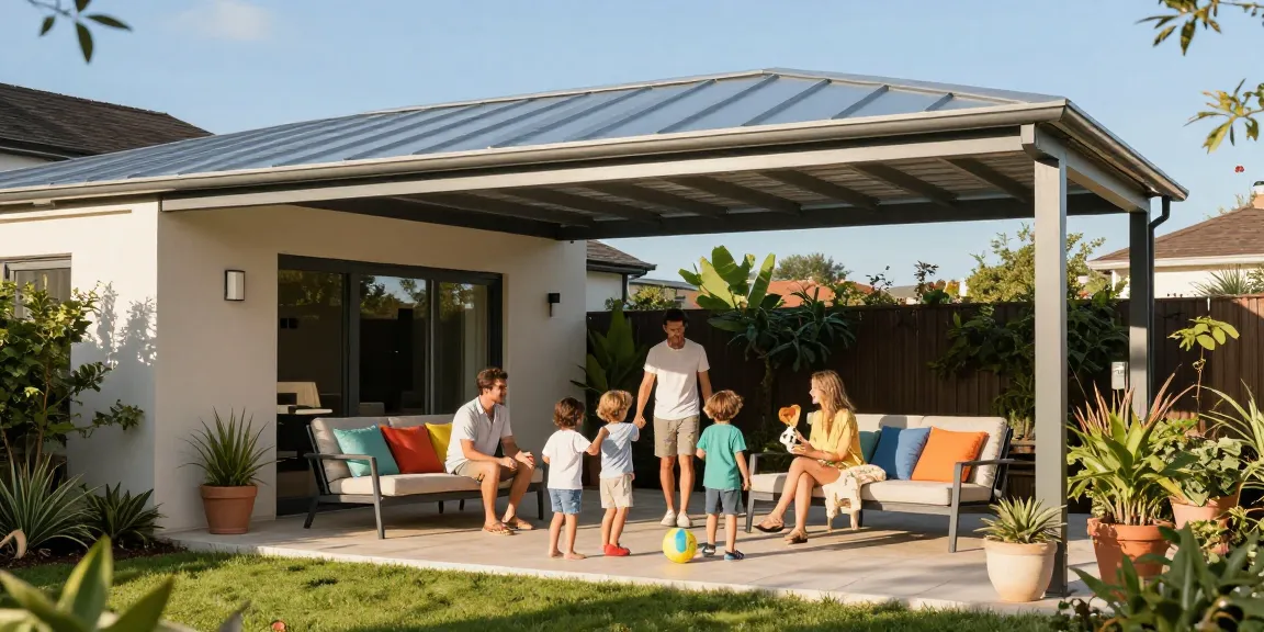 Moderne Terrassenüberdachung aus Aluminium in einem Garten mit Familie, die einen sonnigen Nachmittag genießt.