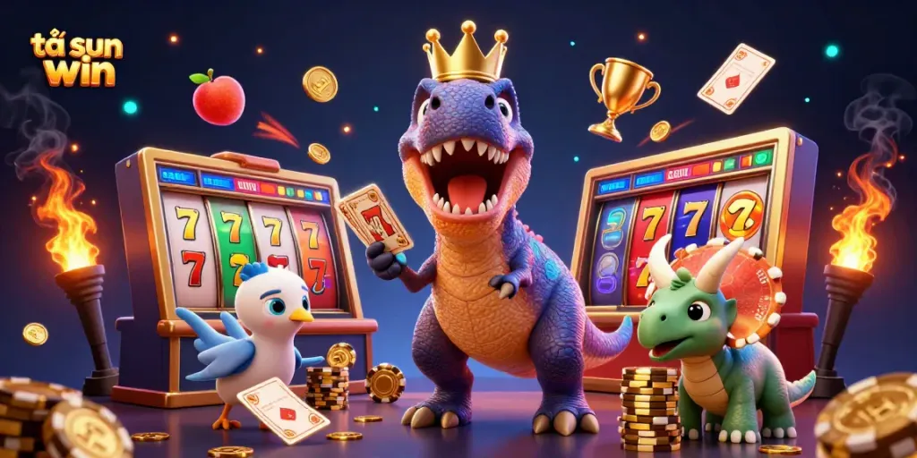Engage in the thrill of tải sun win with a T-Rex, pterodactyl, and triceratops in a vibrant 3D casino scene.