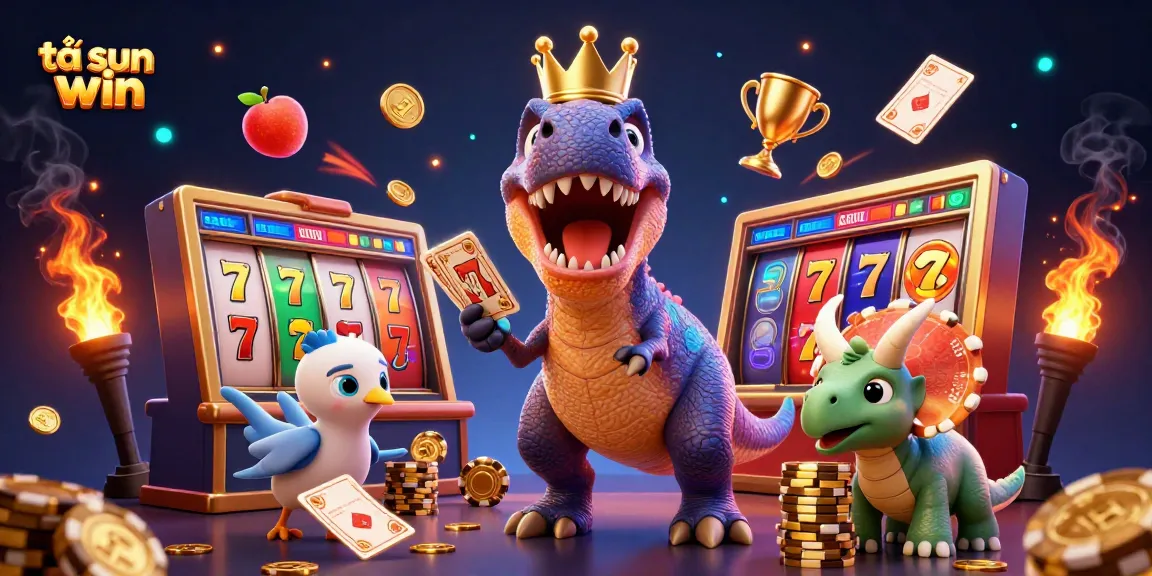 Engage in the thrill of tải sun win with a T-Rex, pterodactyl, and triceratops in a vibrant 3D casino scene.