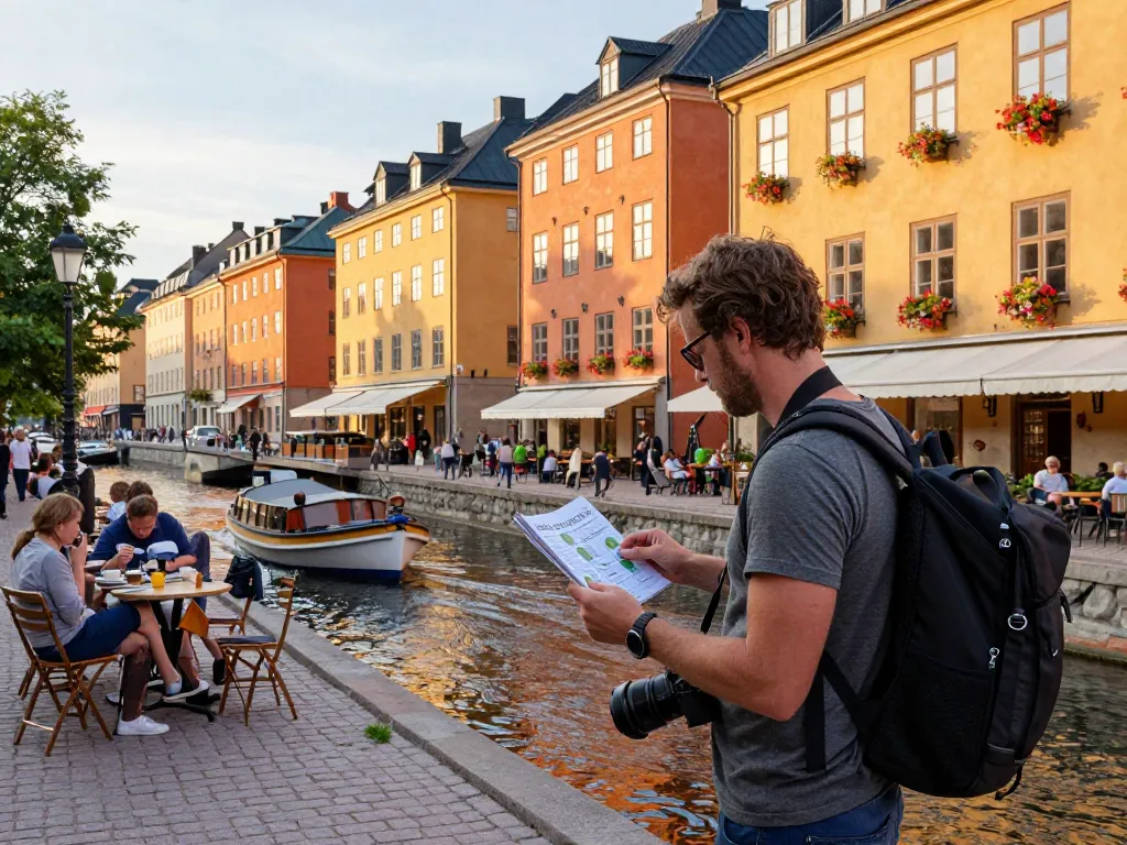 Reisetipps Stockholm Reisender, der die lebhaften Kanalansichten mit historischer Architektur und Außenrestaurants genießt