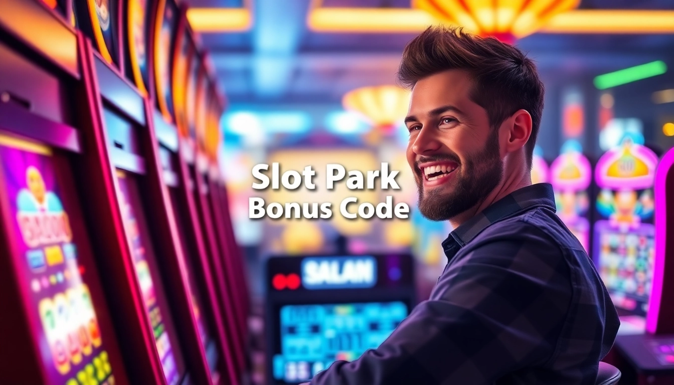 Erlebe den Slot Park Bonus Code mit einem glücklichen Spieler in einem modernen Casino.