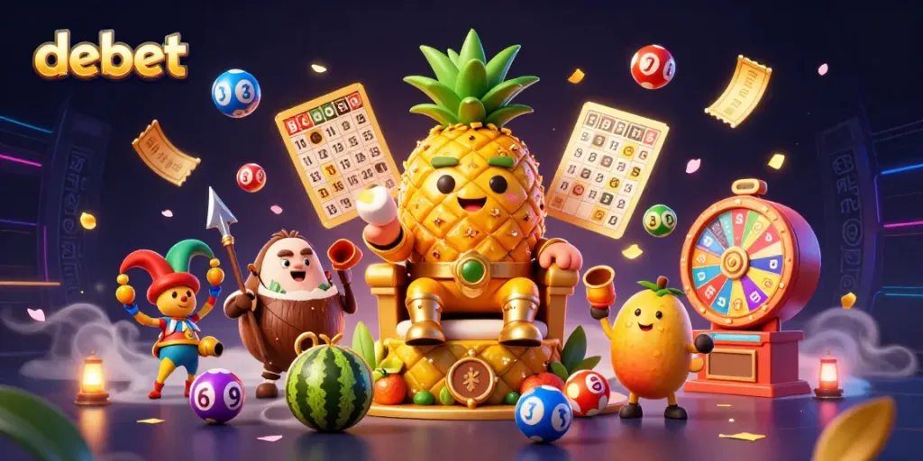 Engage with debet's vibrant casino atmosphere featuring a golden pineapple king, surrounded by dynamic lottery elements.
