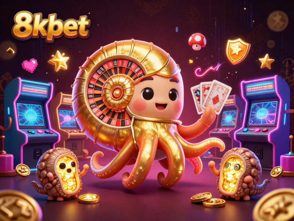 8xbet's vibrant casino scene showcases a giant nautilus roulette wheel with glowing ammonite companions.