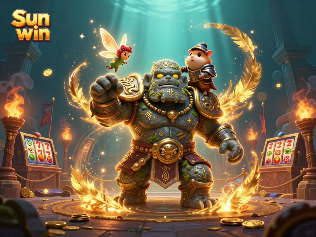 Experience the thrill of Sun win with a lively scene featuring magical characters and casino elements