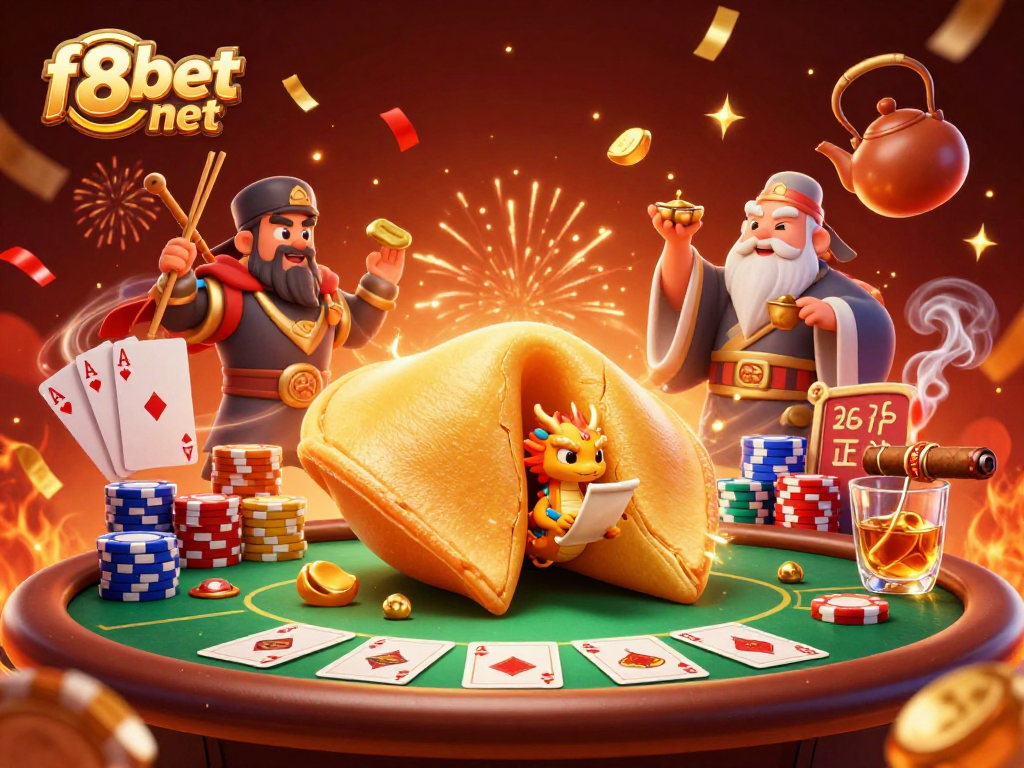 Engage in the thrilling world of f8bet net with a vibrant 3D casino scene featuring colorful poker elements and magical characters.
