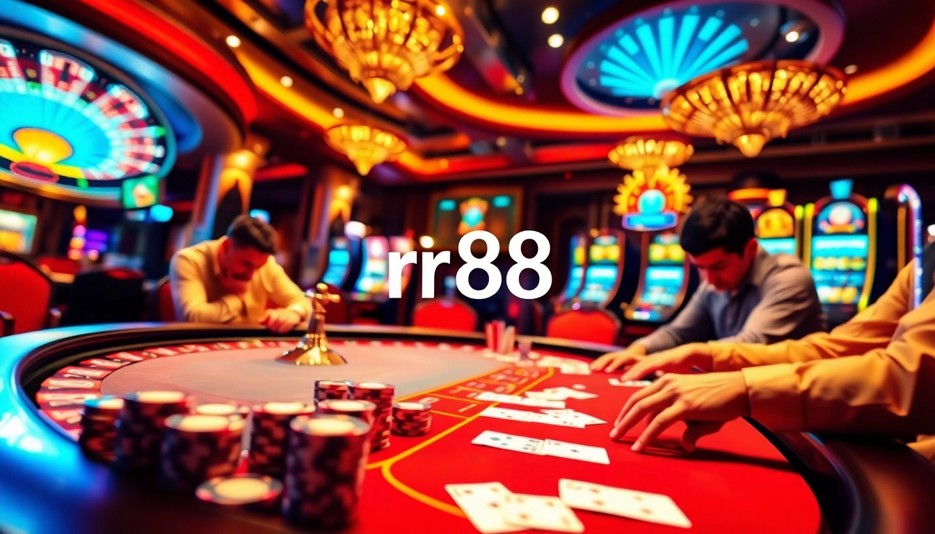 Experience the thrill of rr88 with a vibrant casino scene featuring a poker table and roulette wheel.