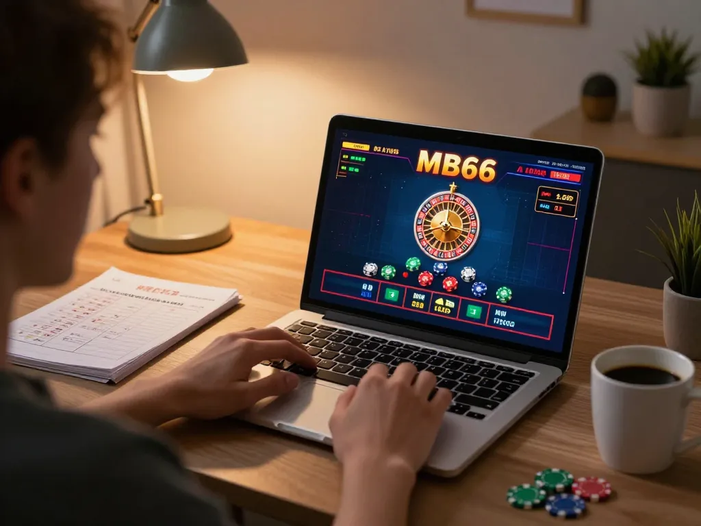 Engaging in MB66 online gaming with roulette interface visible on laptop screen.