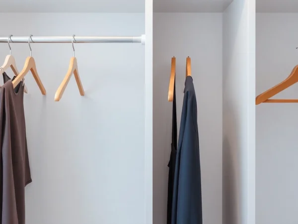 Kunststoff kleiderbügel auf einem modernen Kleiderschrank, die vielseitige Designs und Farben präsentieren.