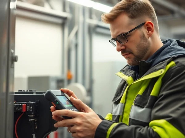 Techniker führt eine DGUV V3 Prüfung an einem elektrischen Gerät in einer modernen Werkstatt durch.