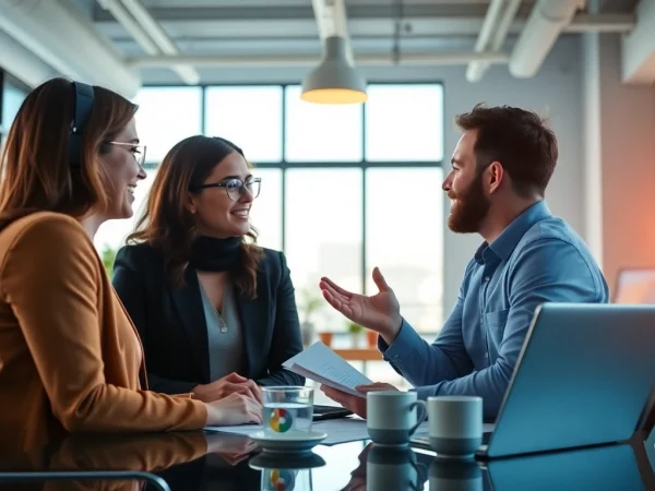 Consultant discussing Unternehmensberatung strategies with clients in a modern office setting.