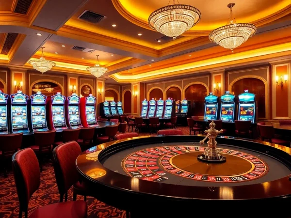 Erleben Sie den Casino Bonus in einem eleganten Casino-Interieur mit einem Roulette-Tisch und Spielautomaten.