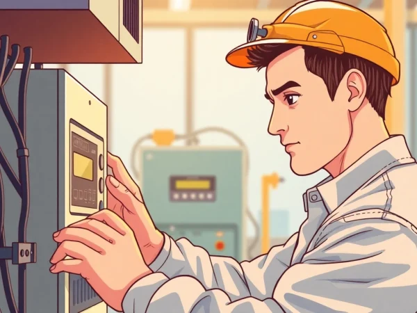Technician conducting a DGUV V3 Prüfung on electrical equipment, ensuring workplace safety.