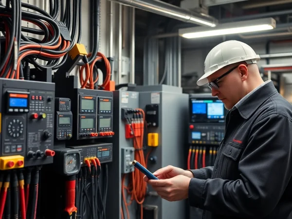Inspecting electrical devices during DGUV V3 Prüfung for workplace safety compliance.