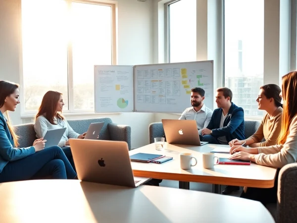 Discover a marketing team collaborating on pflegemarketing agentur strategies in a vibrant, modern workspace.