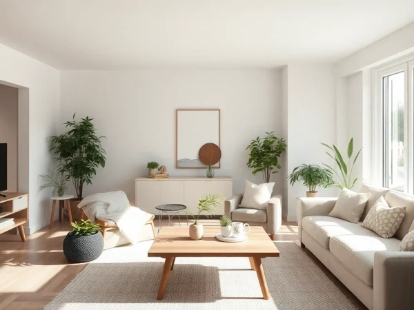 Gemütliches, modernes Wohnzimmer, das den Hauskauf traumhaft darstellt.