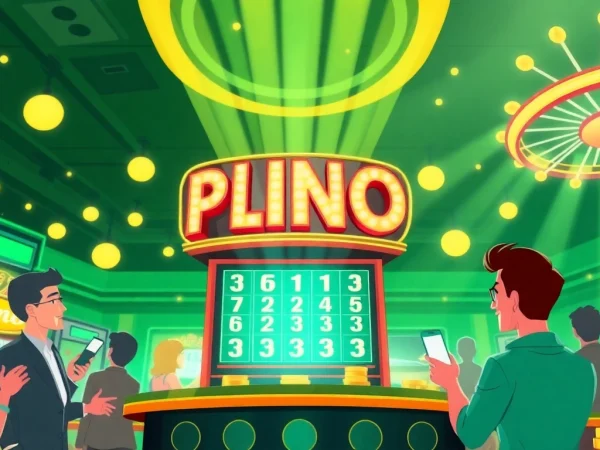 Erleben Sie das aufregende Plinko Casino-Spiel in dieser lebendigen Illustration, die Spieler und bunte Lichter zeigt.