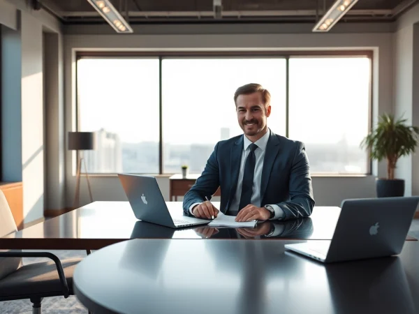 Headhunter Executive Search in einem modernen Büro, wo ein professioneller Headhunter an einem Laptop arbeitet.