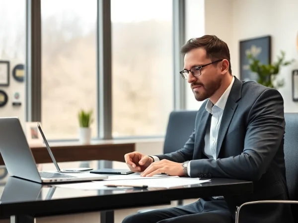 Professioneller Headhunter Oberhausen, der in einem modernen Büro mit Laptop und Notizen arbeitet.