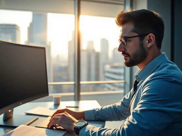 Headhunter arbeitet konzentriert an einem Computer in modernem Büro mit städtischer Aussicht.