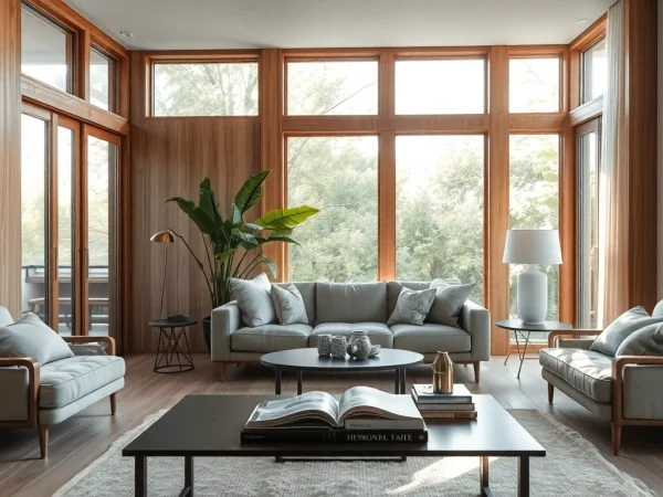 Raumgestaltung im einladenden Wohnzimmer mit Pflanzen und eleganten Möbeln.