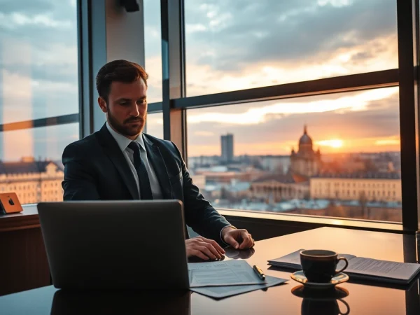 Headhunter Dresden bei der Arbeit in einem modernen Büro mit Stadtansicht.