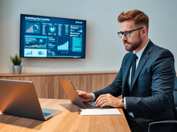 Headhunter Berlin analysiert Daten in einem modernen Büro, um die besten Talente zu rekrutieren.