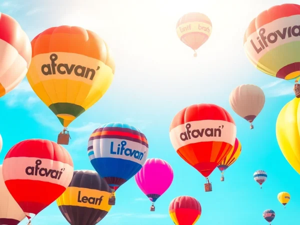 Luftballons bedrucken mit bunten Designs und Größen in einem sonnigen Himmel hinterlegt.