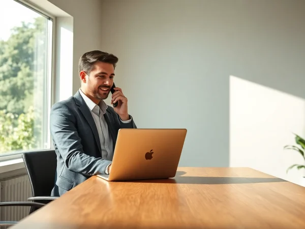 Professioneller Headhunter IT im Büro, der einen Kandidaten berät und gleichzeitig am Laptop arbeitet.