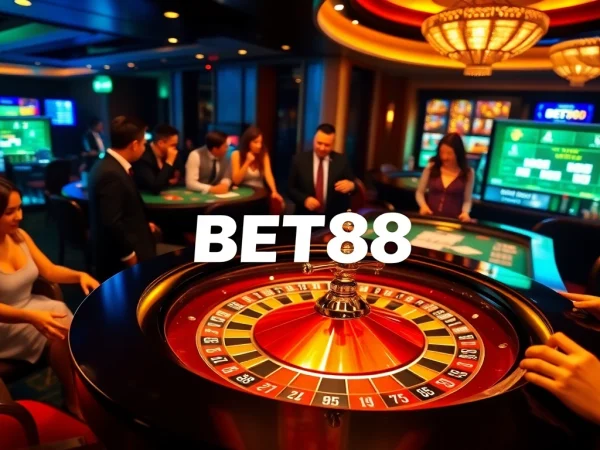 Experience the thrills of BET88 with an exciting casino scene highlighting roulette and poker action.
