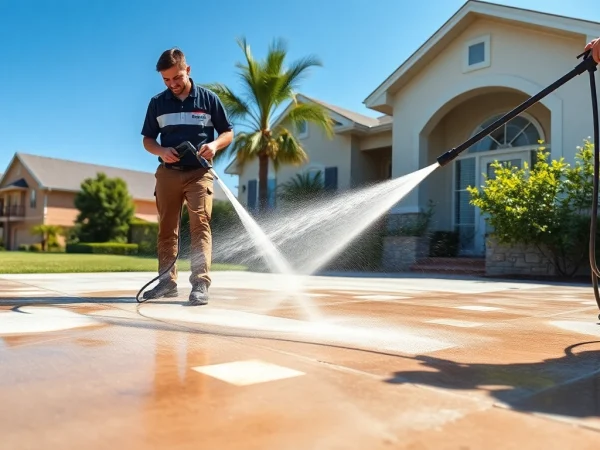 Concrete cleaning in Kissimmee, FL, showcasing a professional team cleaning a driveway with pressure washing.