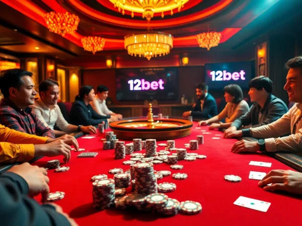 Exciting poker action at a luxurious casino with a prominent display of link 12bet on a digital screen.