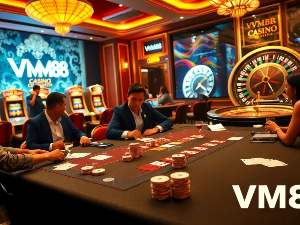 VM88 players engaged in a high-stakes poker game at an elegant casino table.