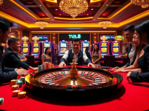 Engage in thrilling bets at https://luck8.name/ with a vibrant casino scene featuring roulette and excited players.