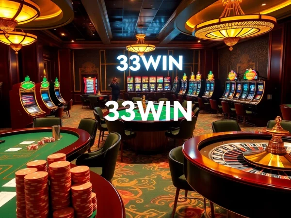 Engaging 33WIN casino scene featuring poker tables, slot machines, and roulette wheels.