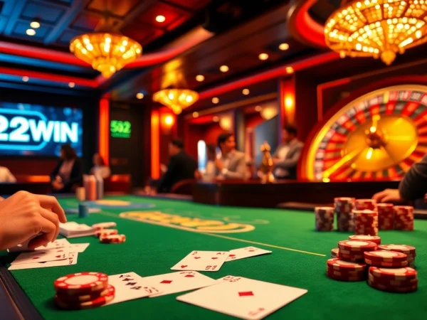 Players enjoying an engaging casino table experience featuring 52WIN poker chips and cards.