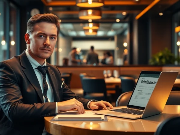 Professioneller Headhunter Gastronomie, sitzt im Restaurant und analysiert Stellenangebote am Laptop, elegantes Ambiente.