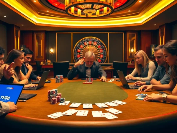 Engage in high-stakes poker at TK88t.org with an elegant casino scene showcasing thrilling gameplay.