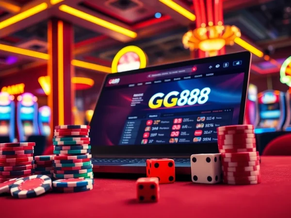Engage with GG88's vibrant online casino atmosphere featuring poker chips, roulette wheel, and illuminated elements.