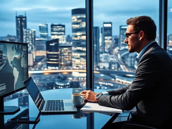 Journalist, der internationale Nachrichten verfolgt, arbeitet in modernem Newsroom mit Stadtblick.