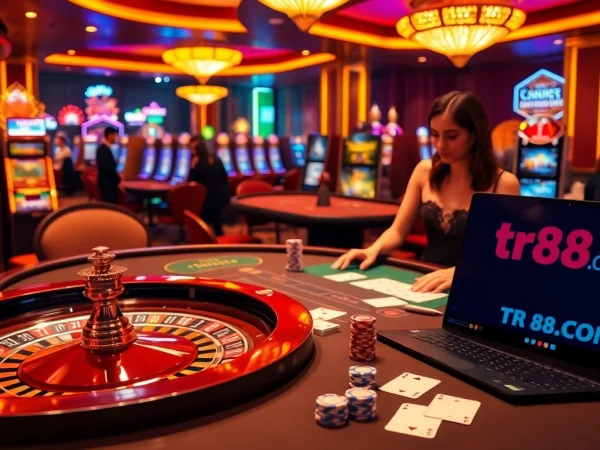 Experience high-stakes gaming with tr88 com at an elegant casino table featuring roulette and poker.